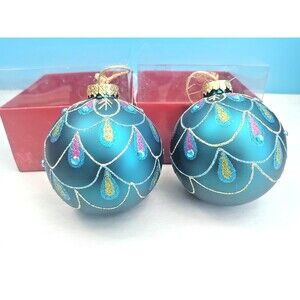 Home Accents Holiday 4 Inch Glass Ball Ornaments Teal Blue Peacock Glitter...